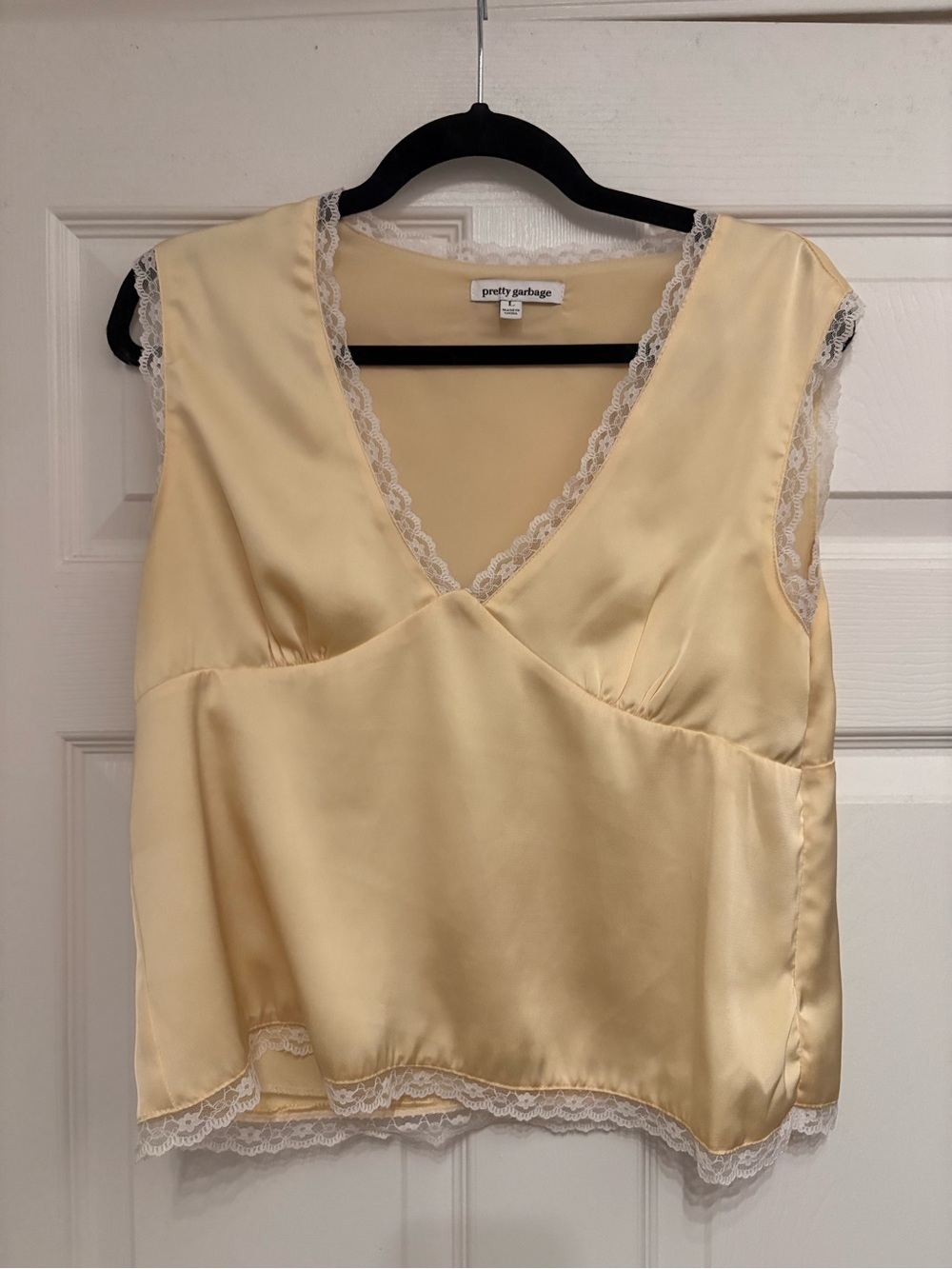 Pretty Garbage Cream Satin Lace-Trim V-Neck Cami
